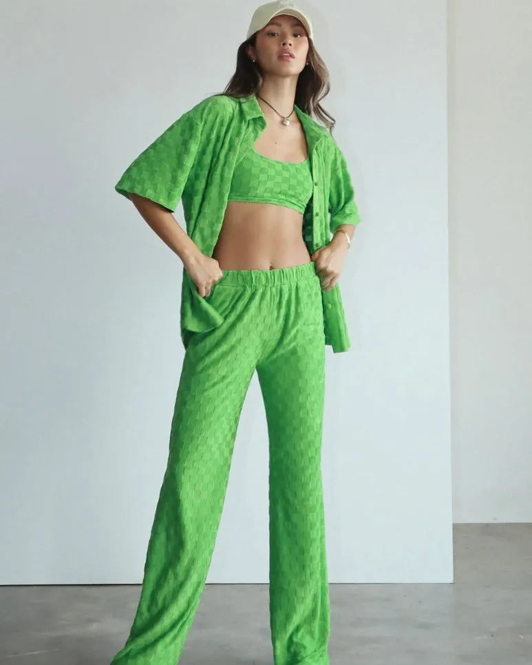 2 pc Lime Green Checkered Texture Button Down Top and Pant Set