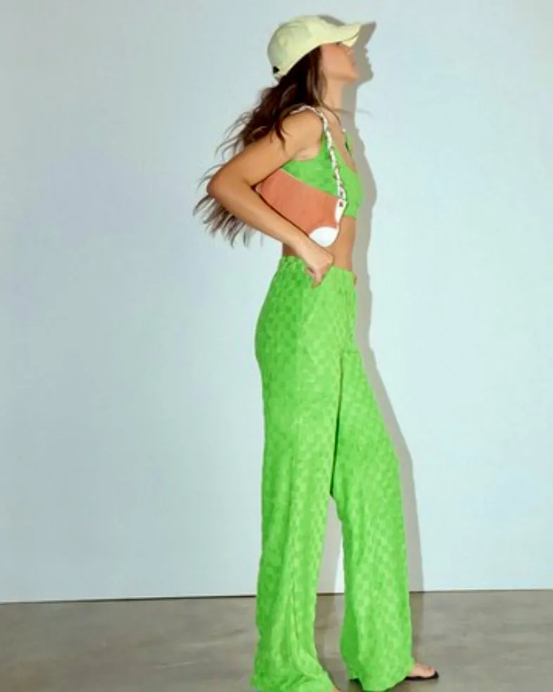 2 pc Lime Green Checkered Texture Button Down Top and Pant Set
