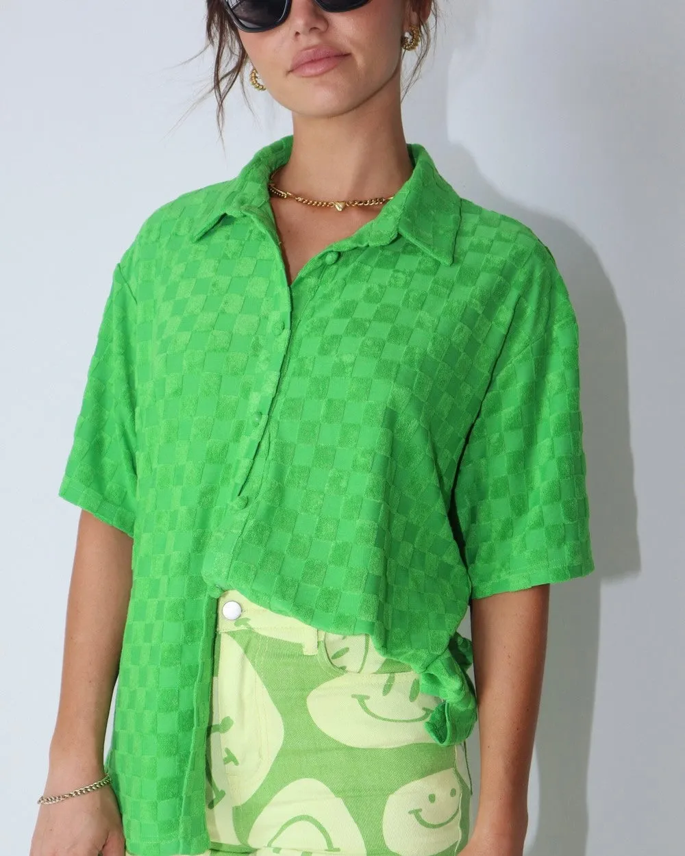 2 pc Lime Green Checkered Texture Button Down Top and Pant Set
