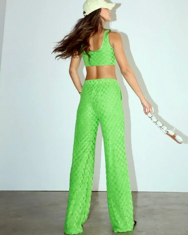 2 pc Lime Green Checkered Texture Button Down Top and Pant Set