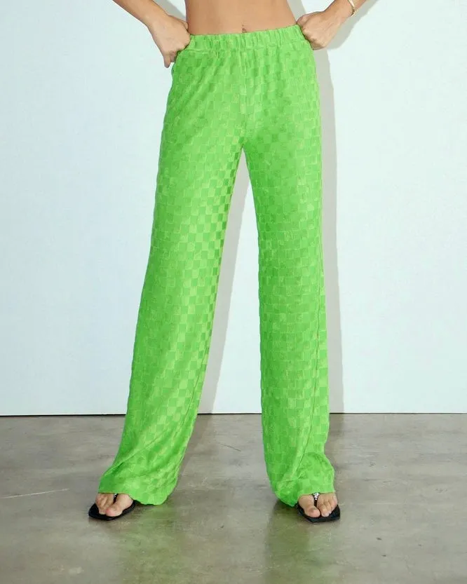 2 pc Lime Green Checkered Texture Button Down Top and Pant Set