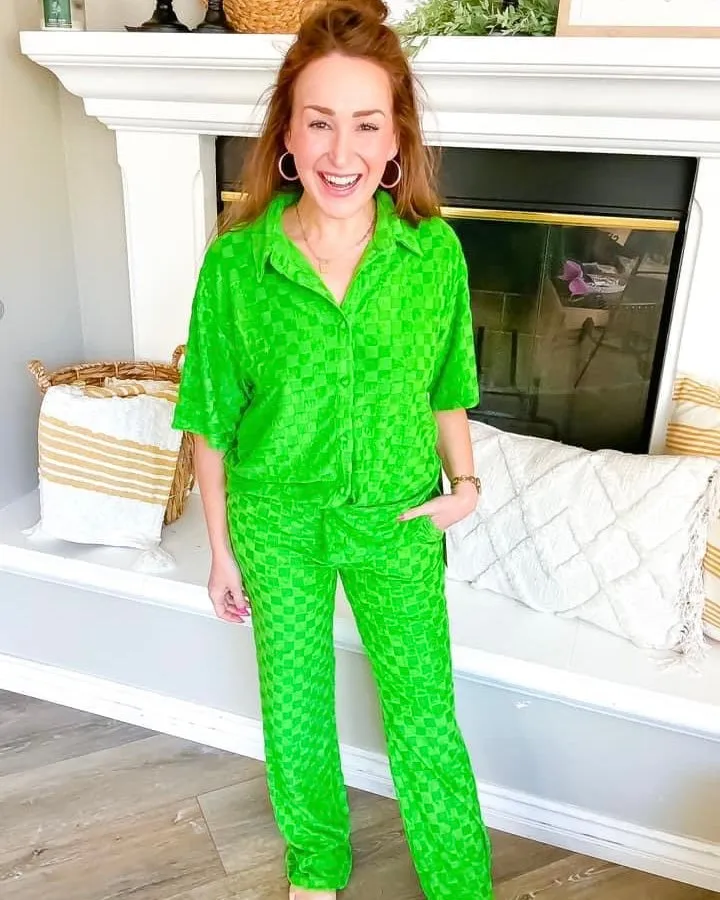 2 pc Lime Green Checkered Texture Button Down Top and Pant Set