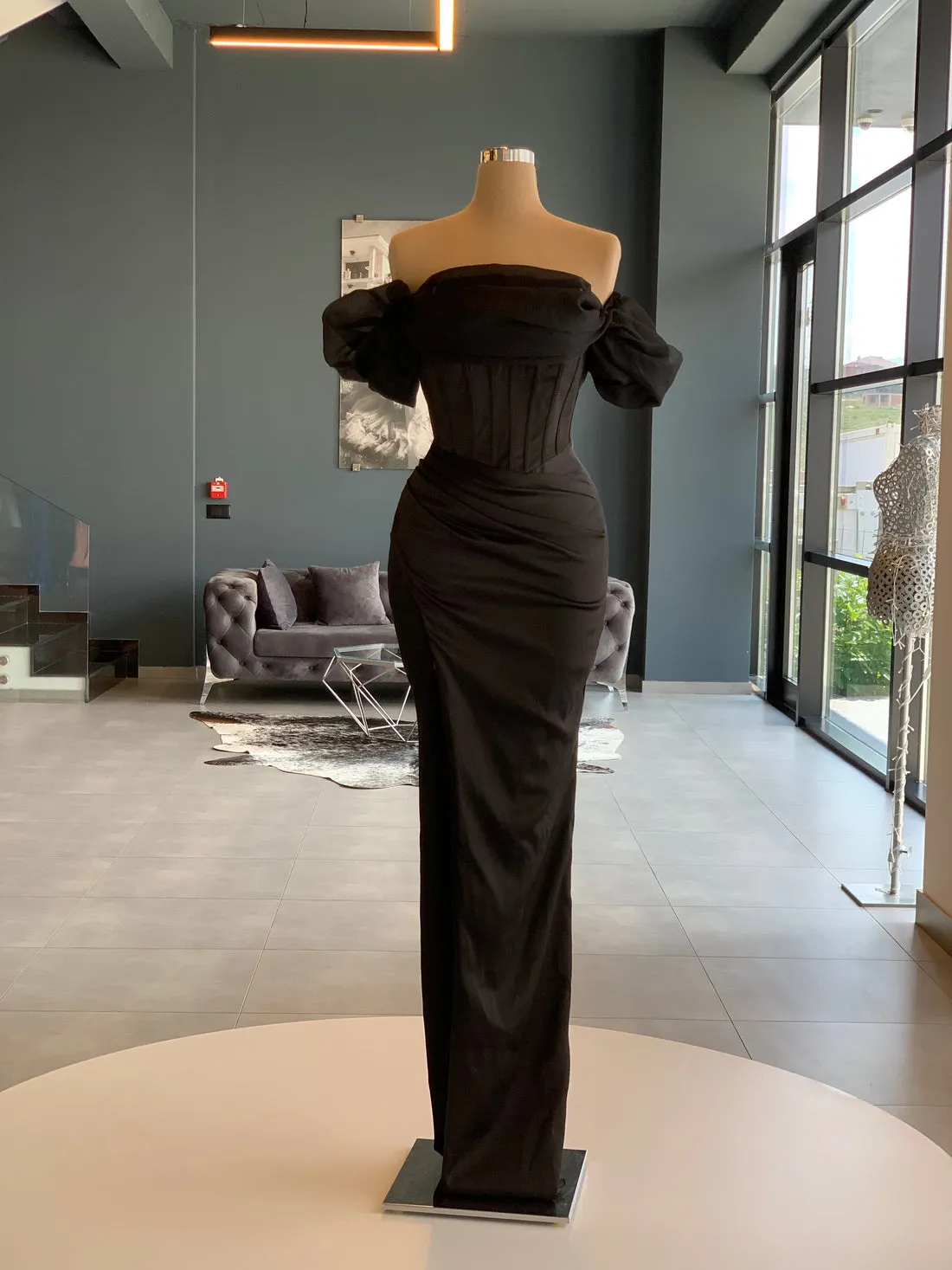 Alina Short Puffy Sleeves Black Evening Dress