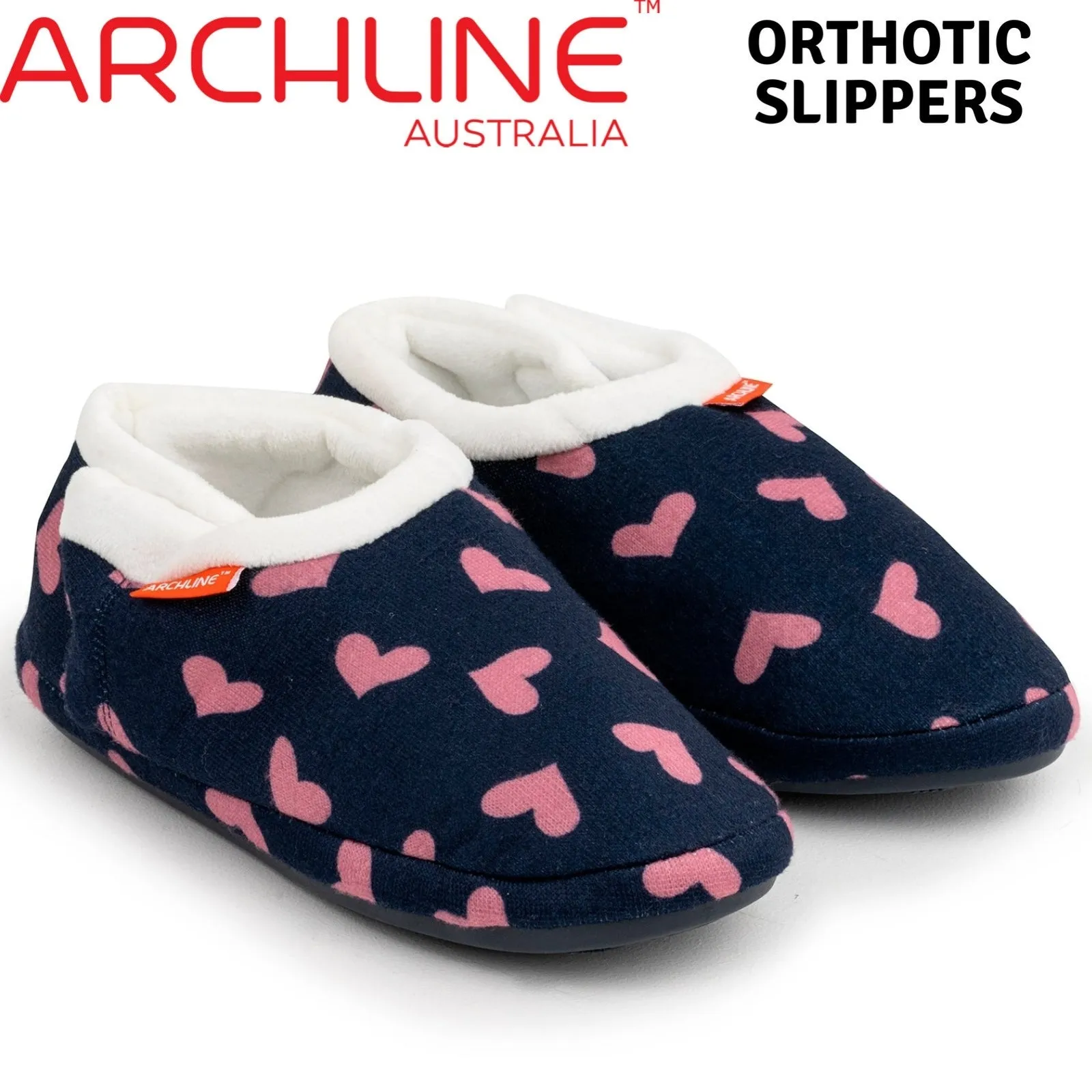 ARCHLINE Orthotic Slippers CLOSED Arch Scuffs Moccasins Pain Relief in Navy Hearts - EUR43