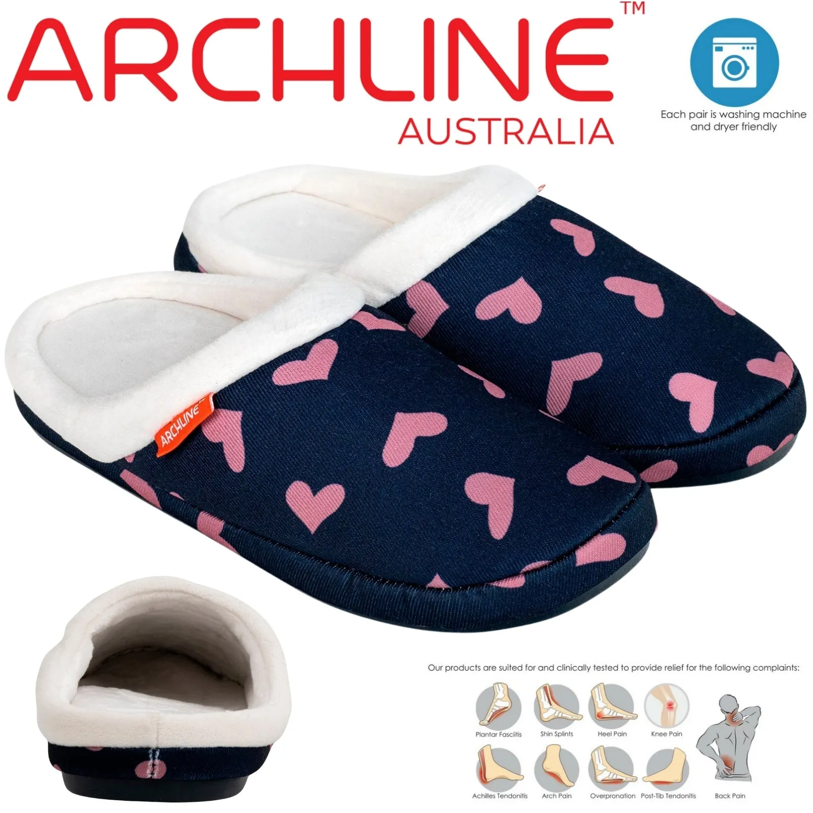 ARCHLINE Orthotic Slippers Slip On Scuffs Pain Relief Moccasins - Navy with Hearts - EUR 43 (Womens US 12)