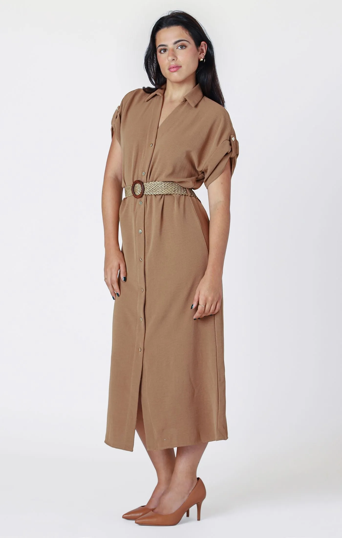 Belted Shirt Dress - Bronze