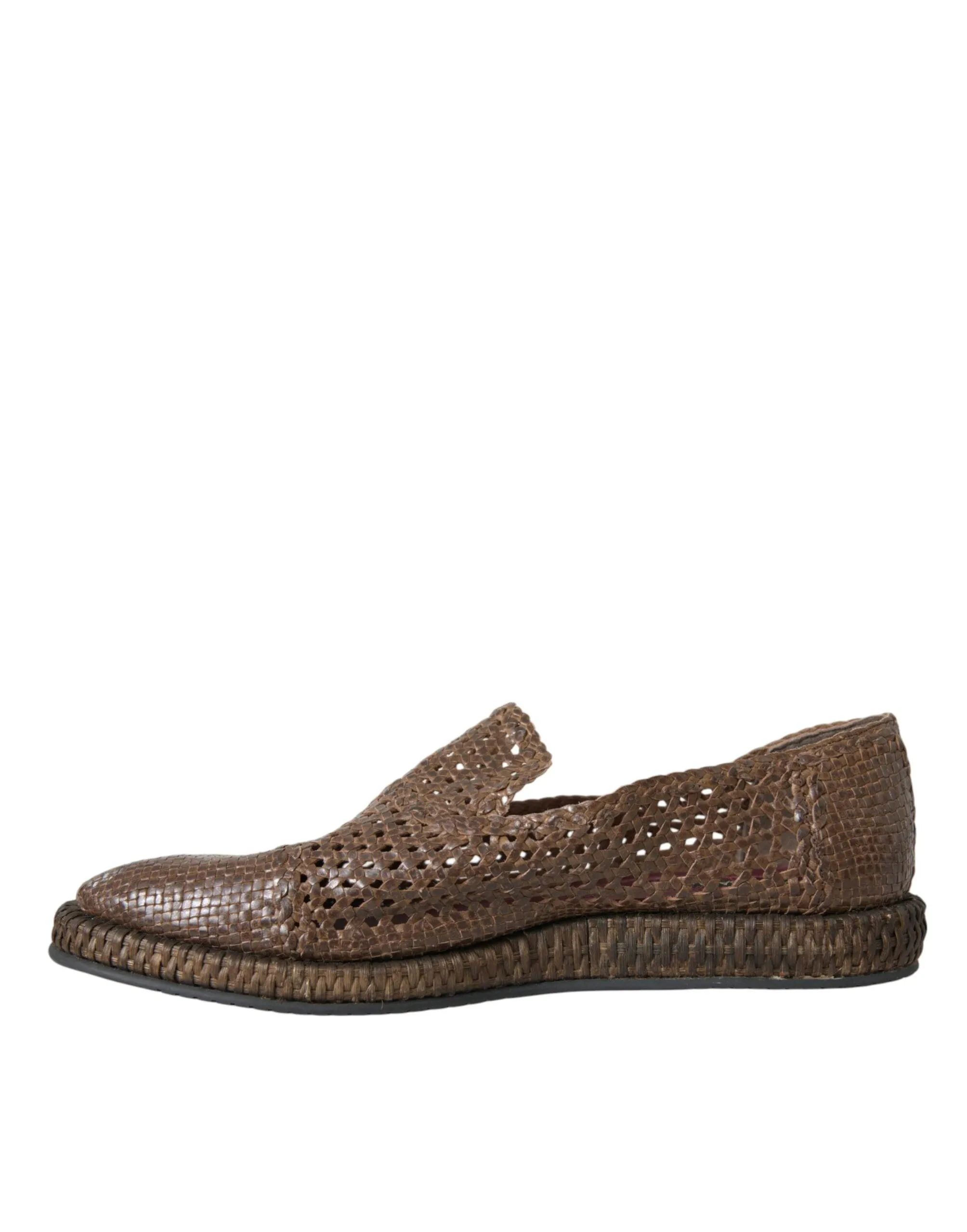 Dolce & Gabbana Brown Woven Leather Loafers Casual Sko