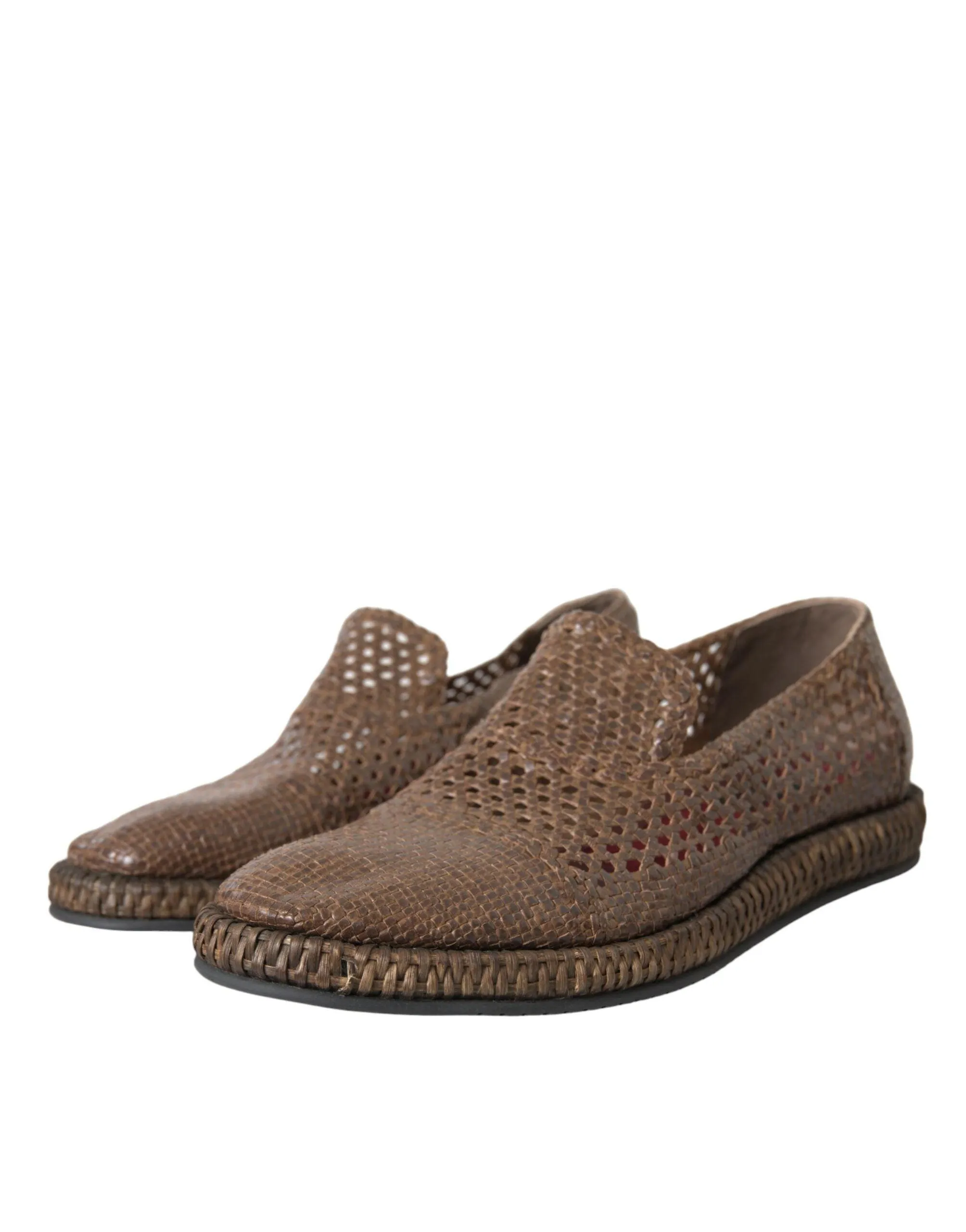 Dolce & Gabbana Brown Woven Leather Loafers Casual Sko