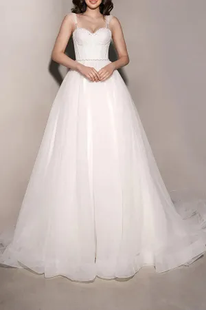 Luolandi A Line Sweetheart Pearl sheer minimalist wedding dress With Slit