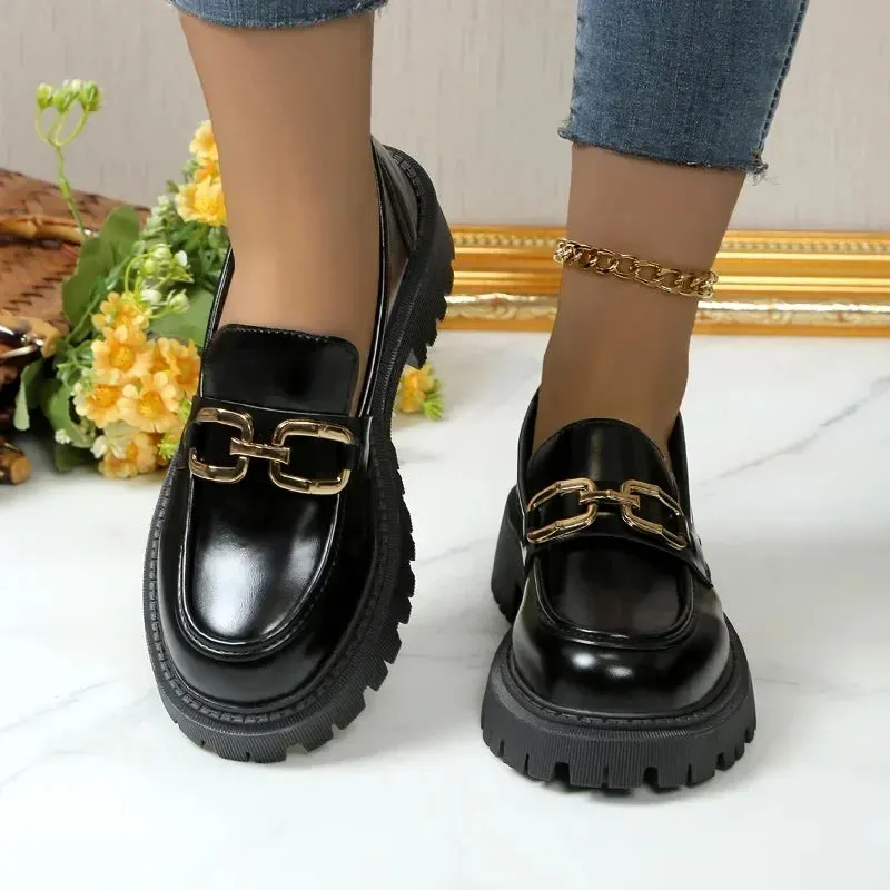Metal Chain Buckle Platform Mary Janes Round Toe Black Loafers