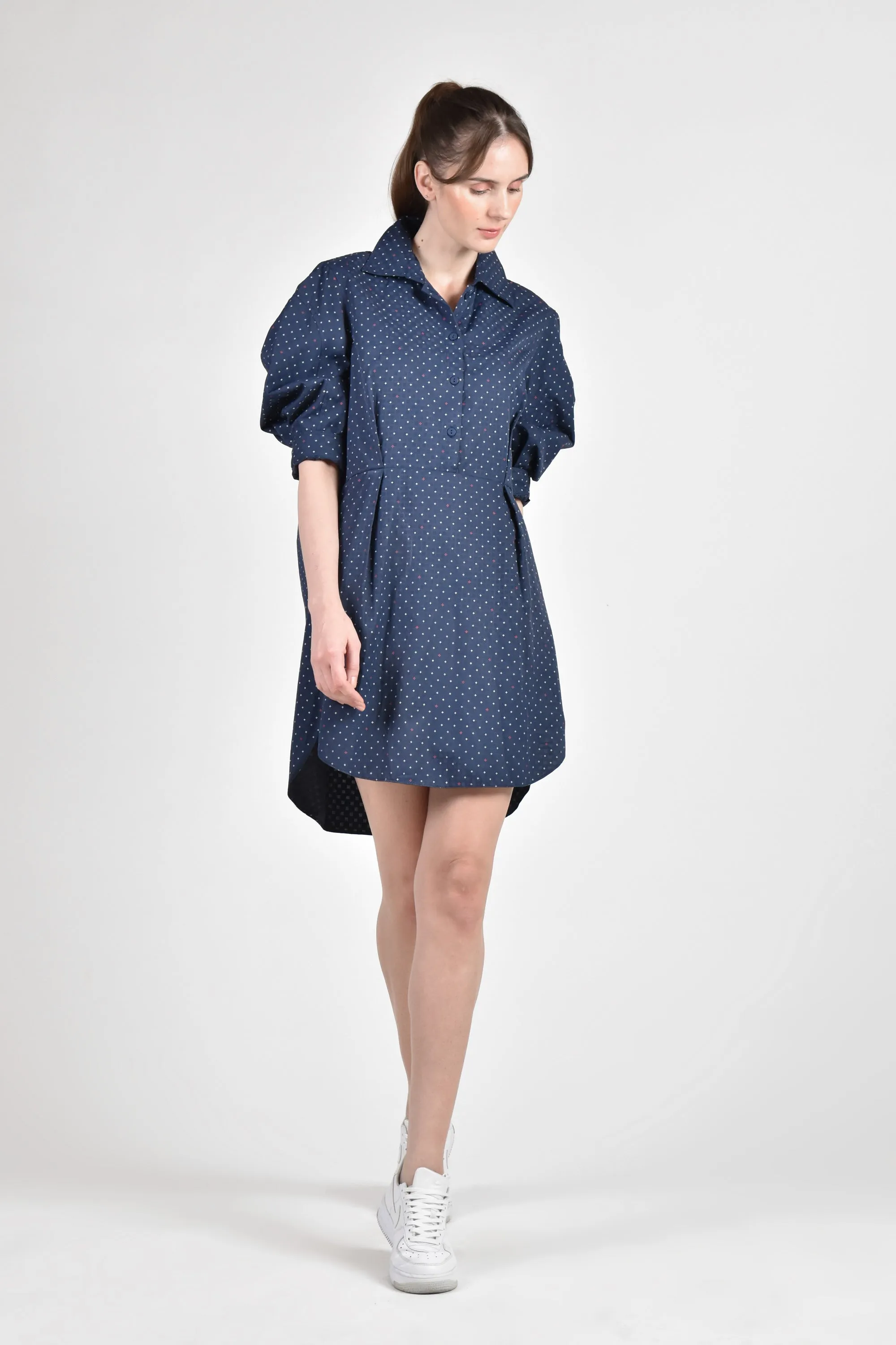 NEVILL Shirtdress with Pleat Detail (Dotted Navy)