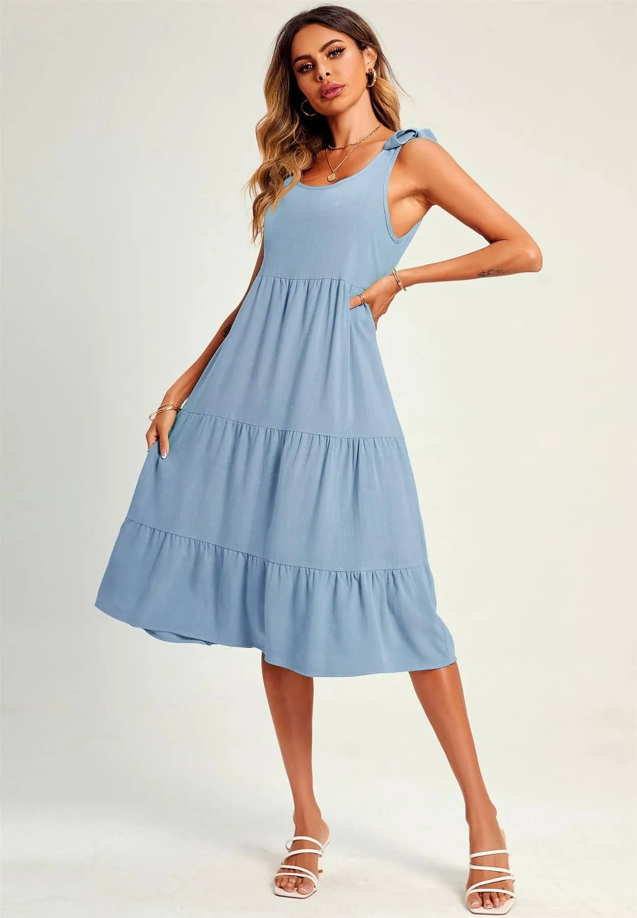 Relaxed Linen Self Tie Shoulder Tiered Midi Dress In Light Blue