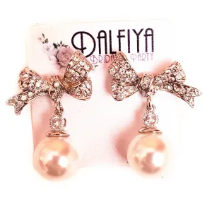 Ribbon Earrings with Clear Rhinestone and Pearl Drops
