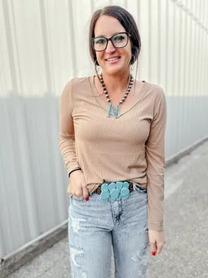 Sassy Ribbed V Neck Long Sleeve Taupe Top
