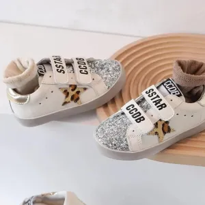 Silver glitter with animal print star velcro sneaker