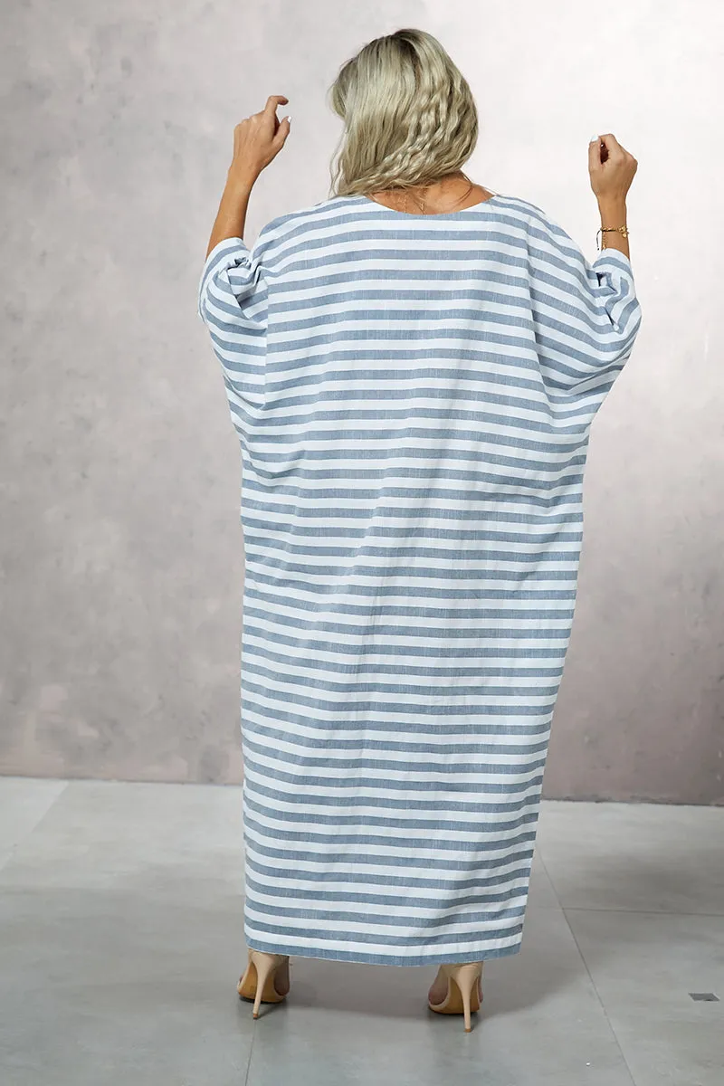 Striped Cotton Kaftan Dress With Side Pockets