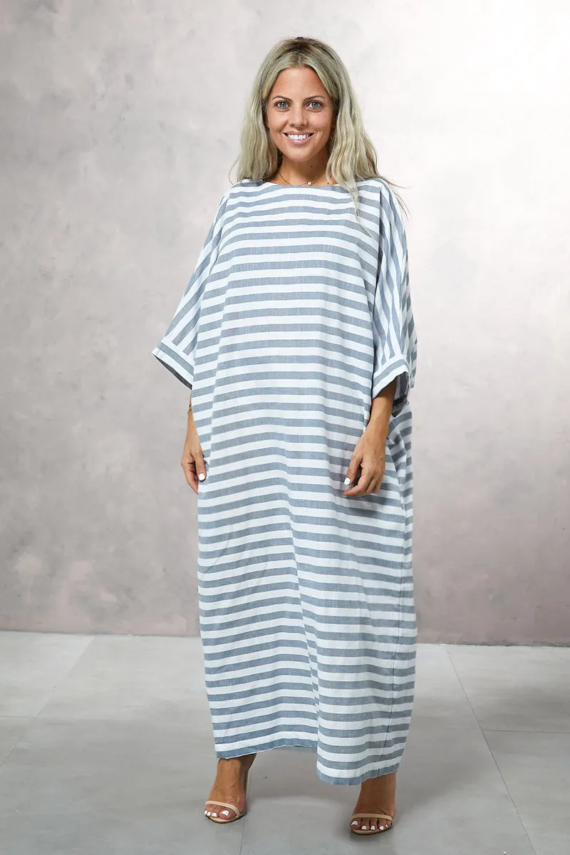 Striped Cotton Kaftan Dress With Side Pockets