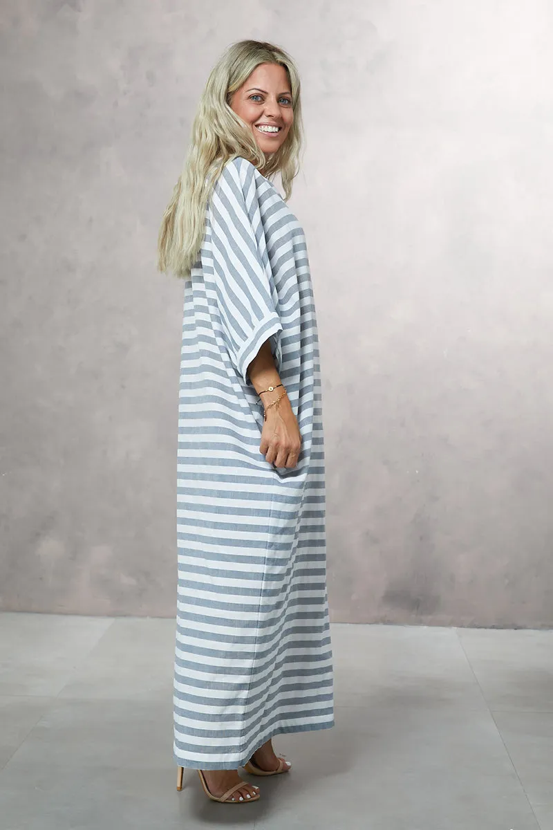 Striped Cotton Kaftan Dress With Side Pockets